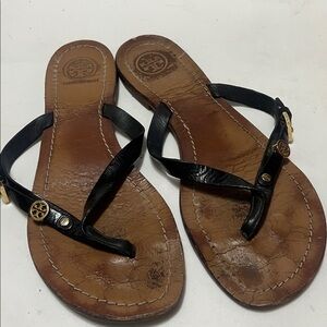 Tory Burch Black and Brown Leather Flip-Flops Sz 8 Women